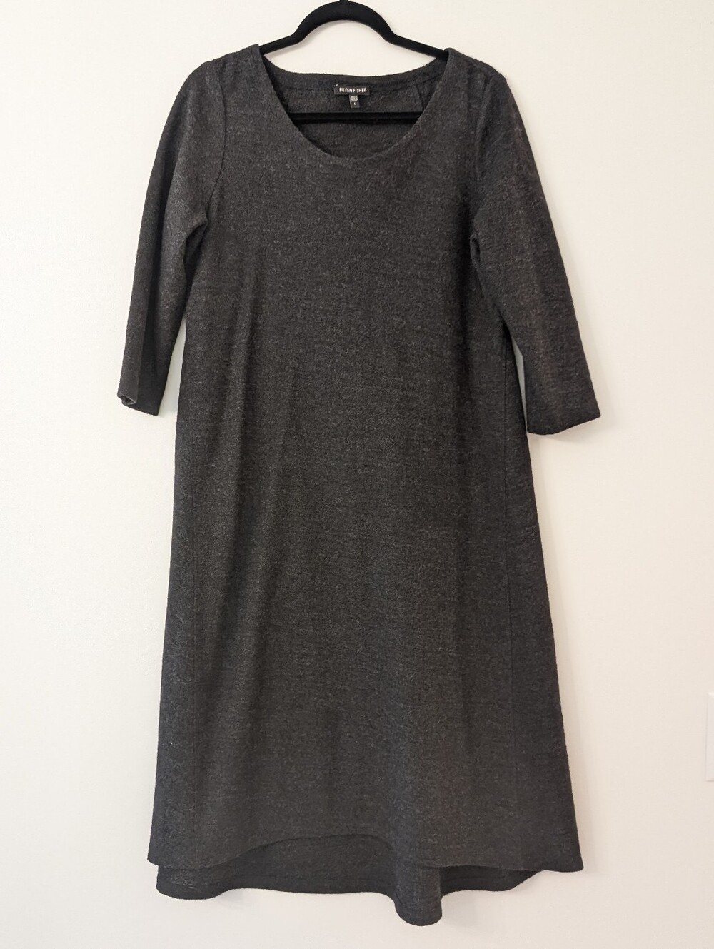 Eileen Fisher 100% wool midi swing dress with 3/4 sleeves